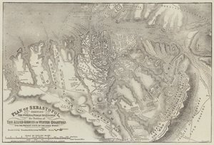 Plan van Sebastopol, met de forten en openbare gebouwen en de positie van de geallieerde legers in winterkwartieren door John Dower